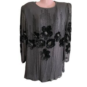 Vintage Oleg Cassini Top Womens Medium Silk Sequin Floral Beaded Party 80s